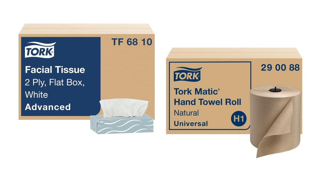 Natural Paper Hand Towel Roll and White 2-Ply Facial Tissue L2169