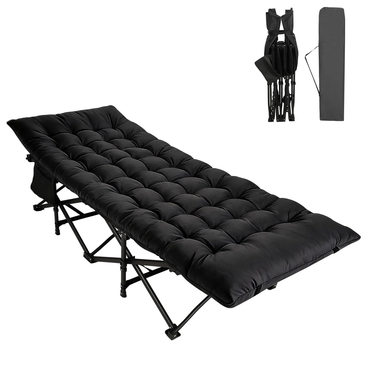 Camping Cot with Thick Mattress and Side Pocket, Black O111757