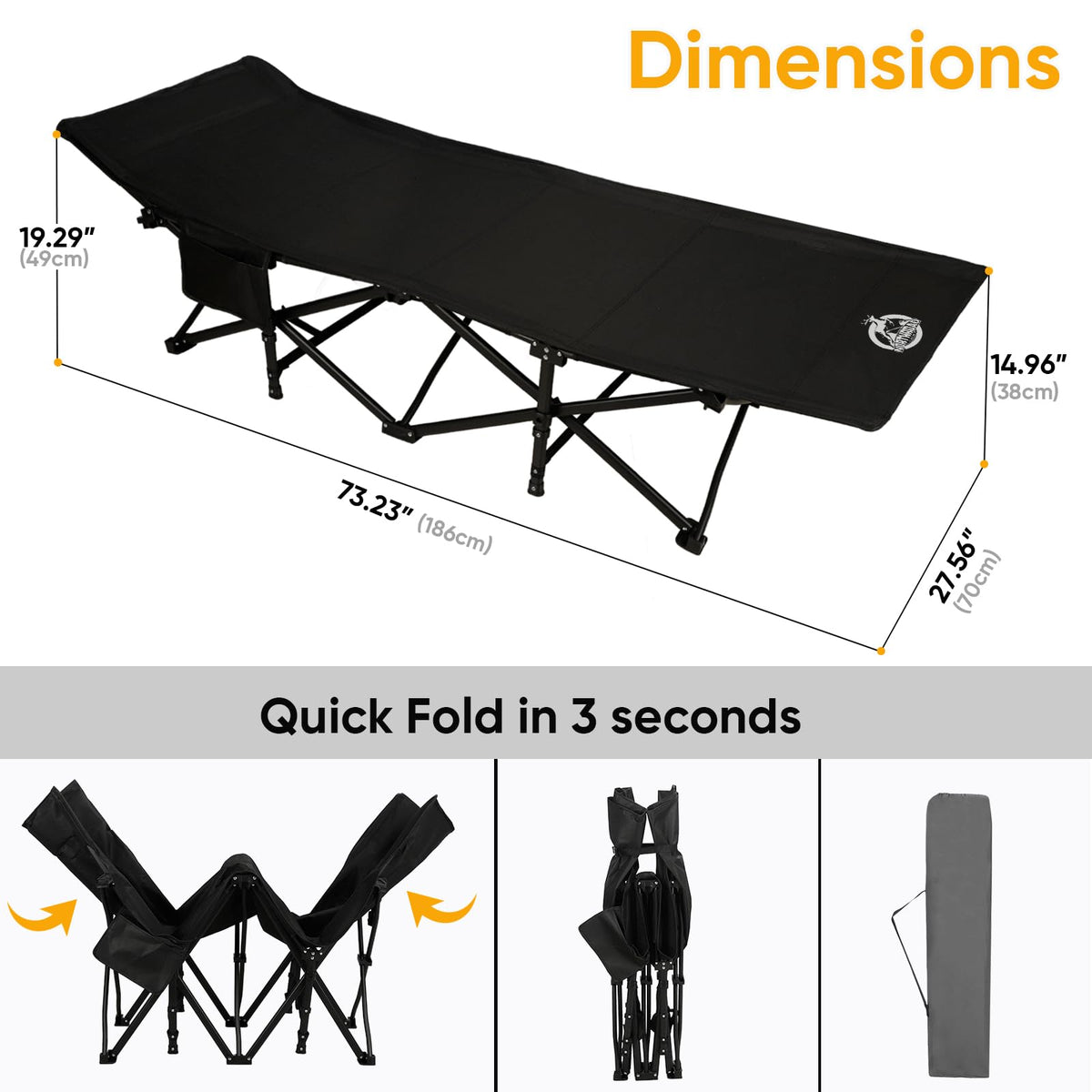 Camping Cot with Thick Mattress and Side Pocket, Black O111757