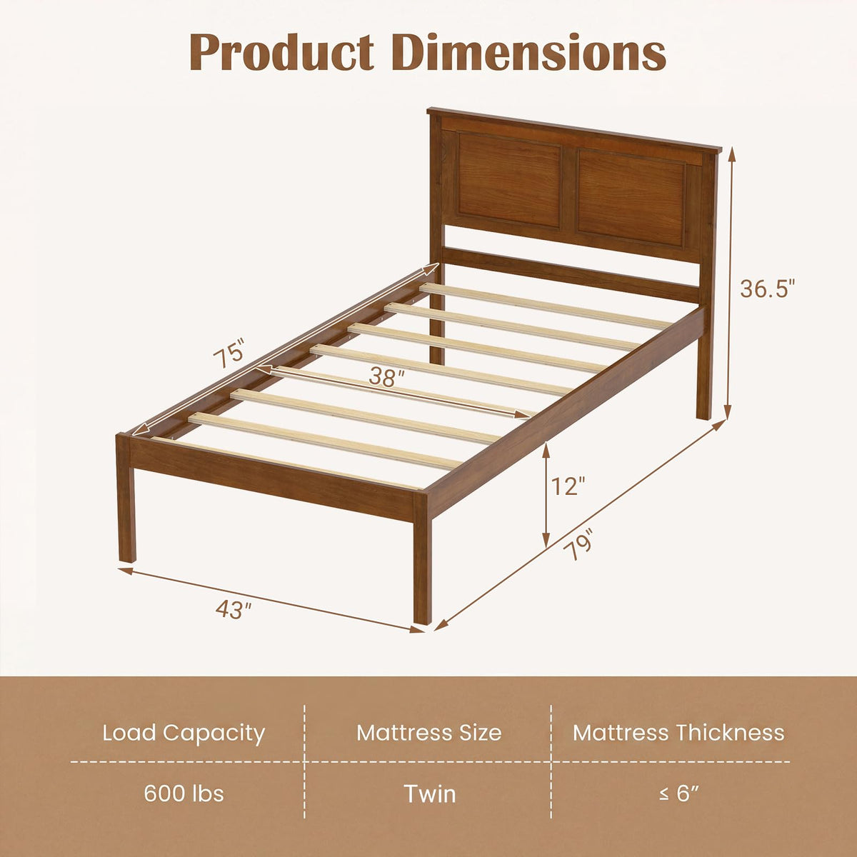 Twin Size Wooden Platform Bed with Headboard C308882