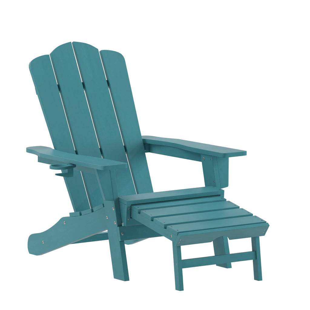 Blue HDPE Adirondack Chair with Cup Holder and Ottoman L669