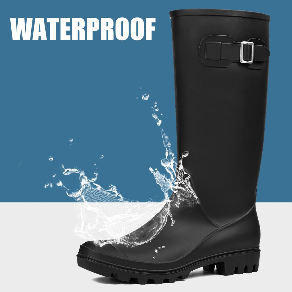 Women's Tall Waterproof Rubber Wide Calf Rain Boots E1079