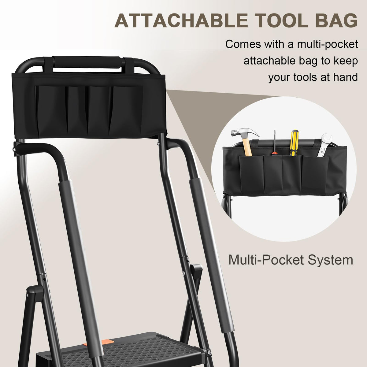 3 Step Folding Step Ladder with Handrails, 500 Lbs Capacity, Black Y41075