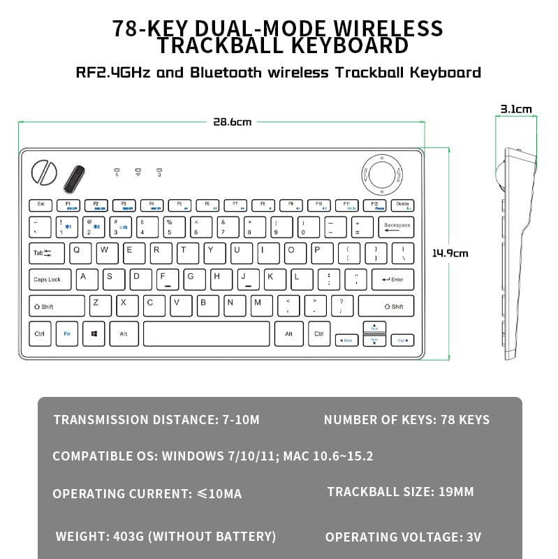 78 Keys Dual Mode Wireless Trackball Keyboard R76228