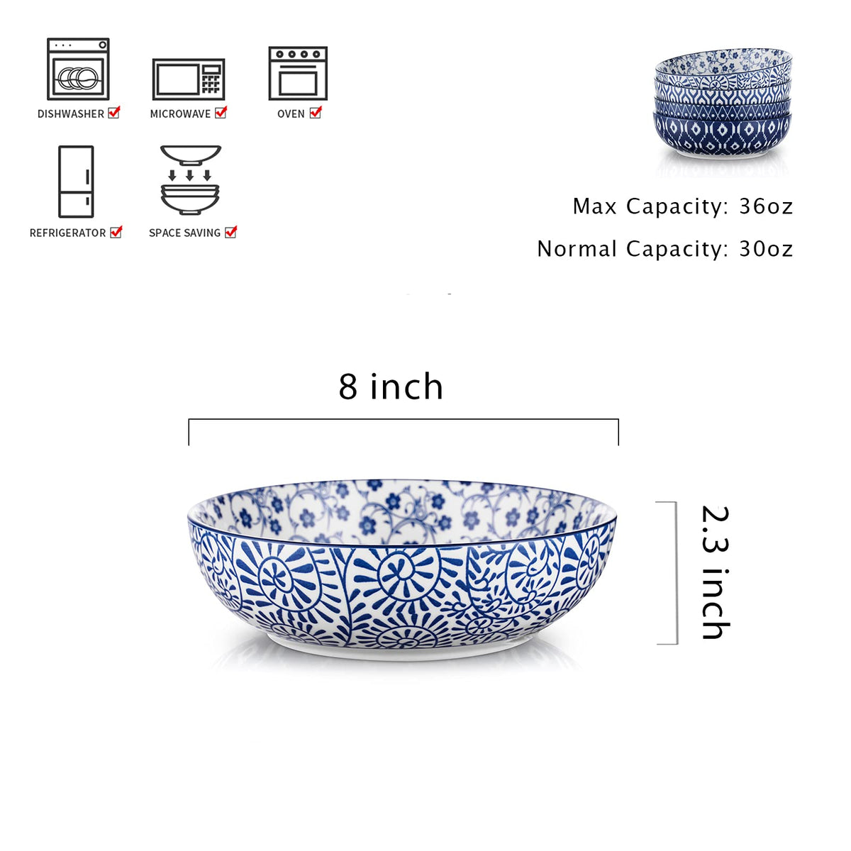 Ceramic Pasta Bowls Set of 4, 30 OZ Vintage Blue F77289