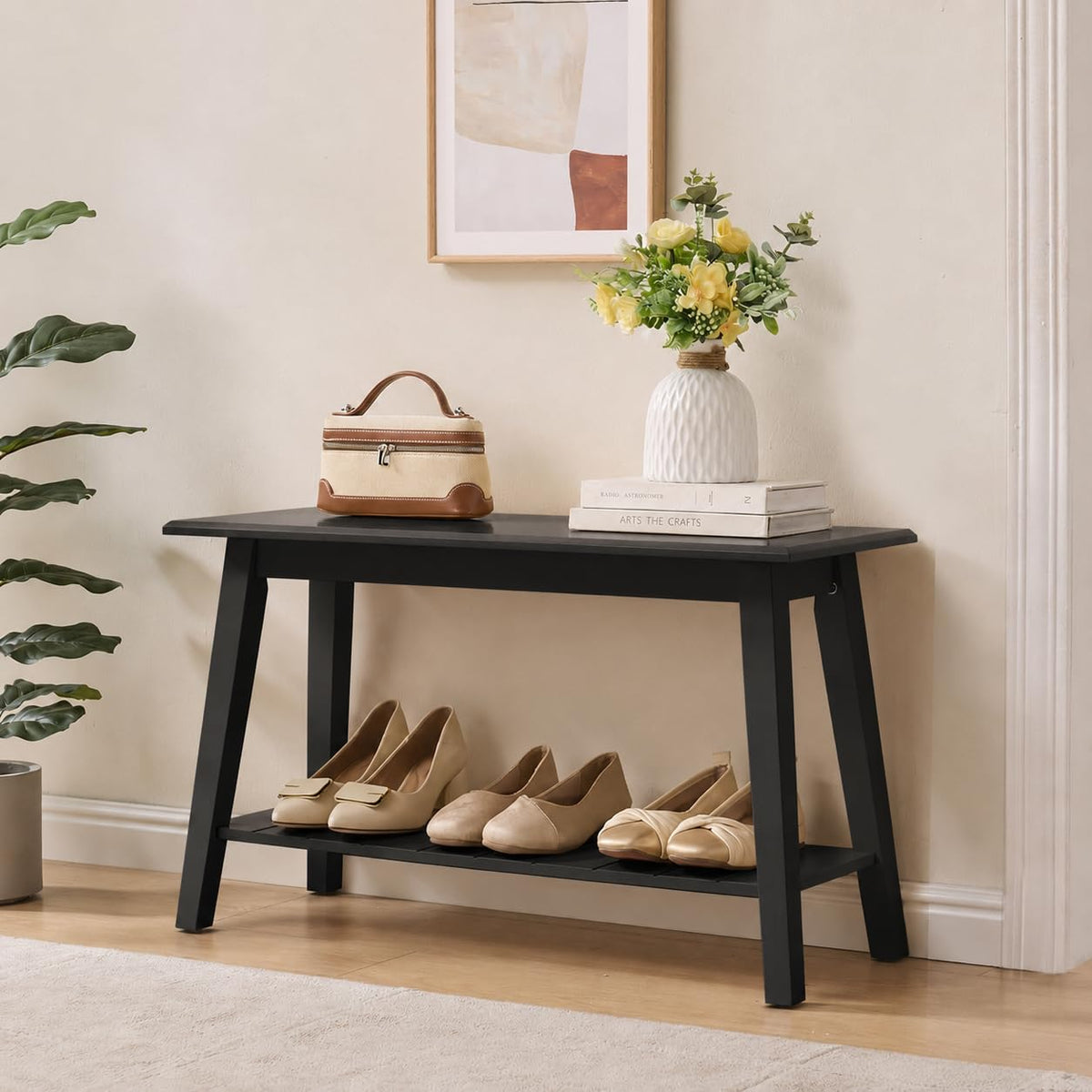 Black Wood Shoe Bench with Storage Shelf W524