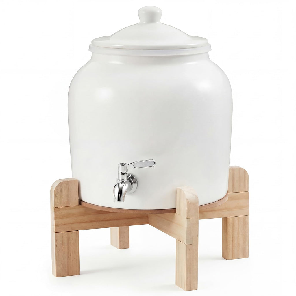 Ceramic Water Dispenser with Wood Stand and Stainless Steel Faucet A1943