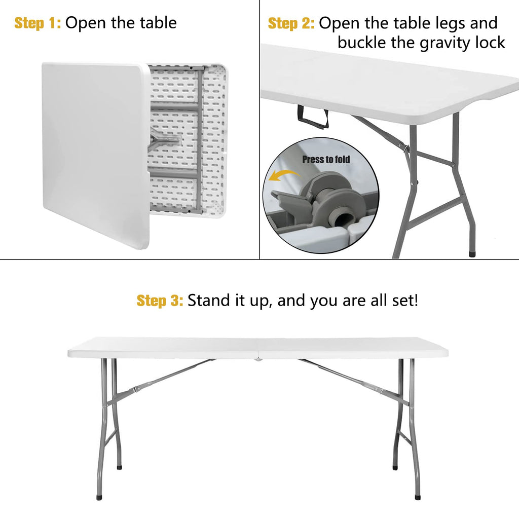 Folding Table 6ft Portable Heavy Duty Plastic White J3822