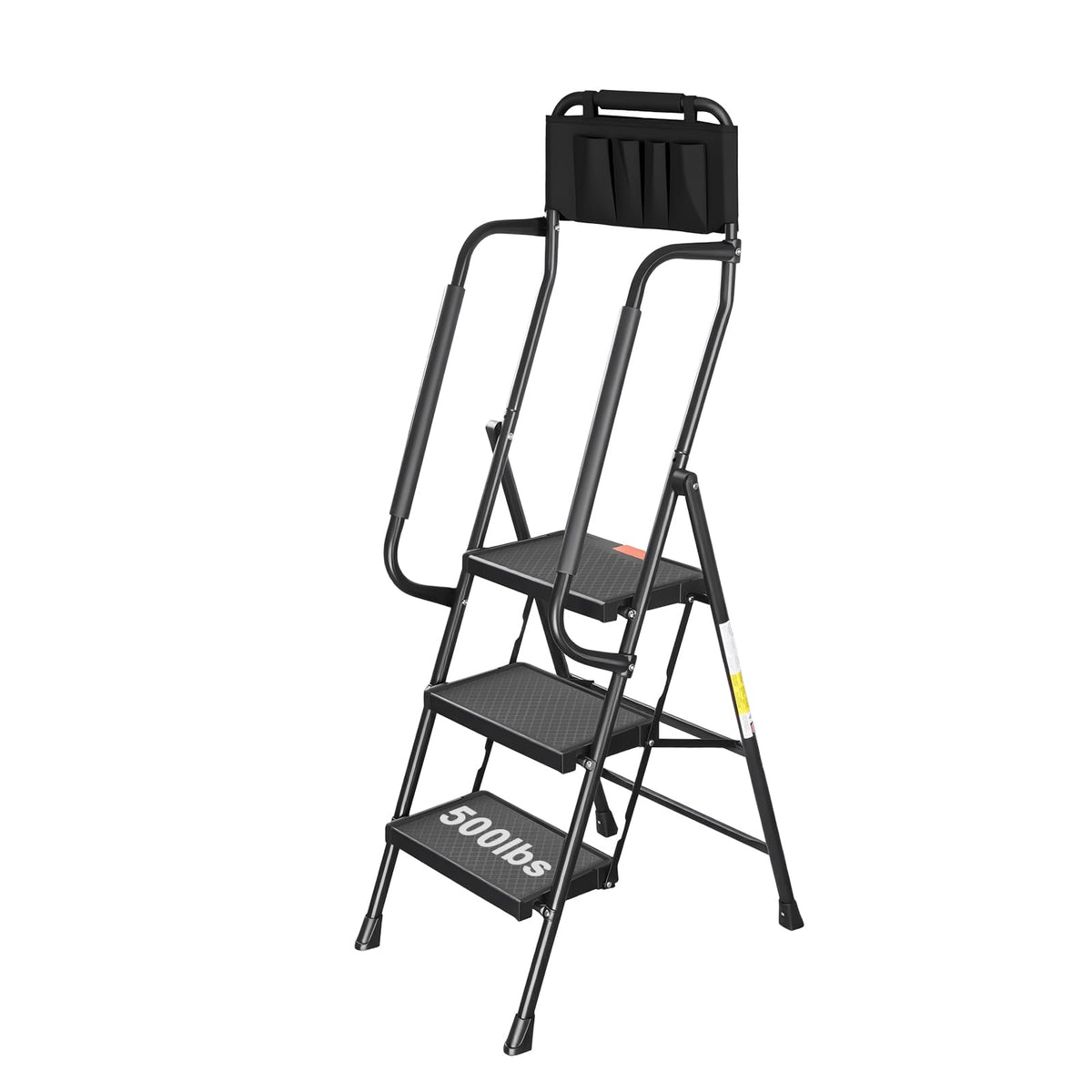 3 Step Folding Step Ladder with Handrails, 500 Lbs Capacity, Black Y41075