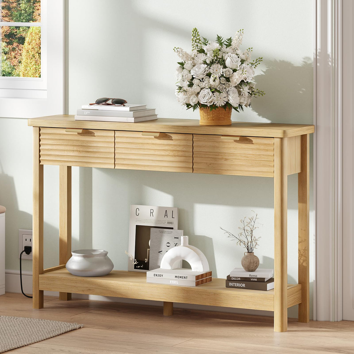47.2" Narrow Console Table with 3 Drawers & Charging Station, Oak P87184