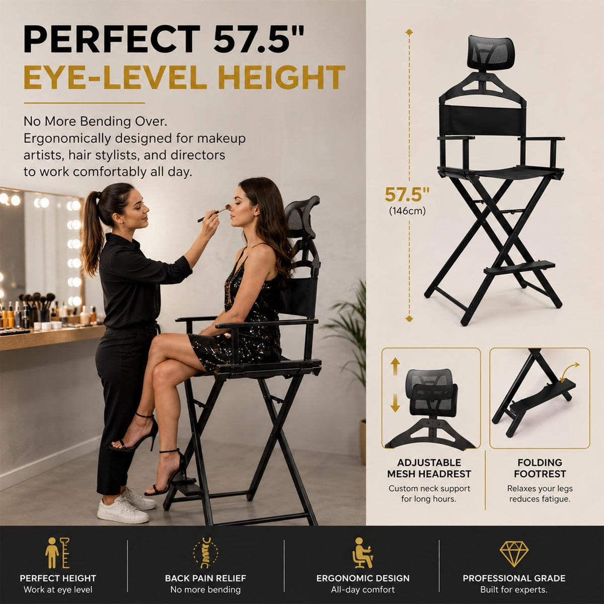 Gold Extra Tall Foldable Makeup Chair J496