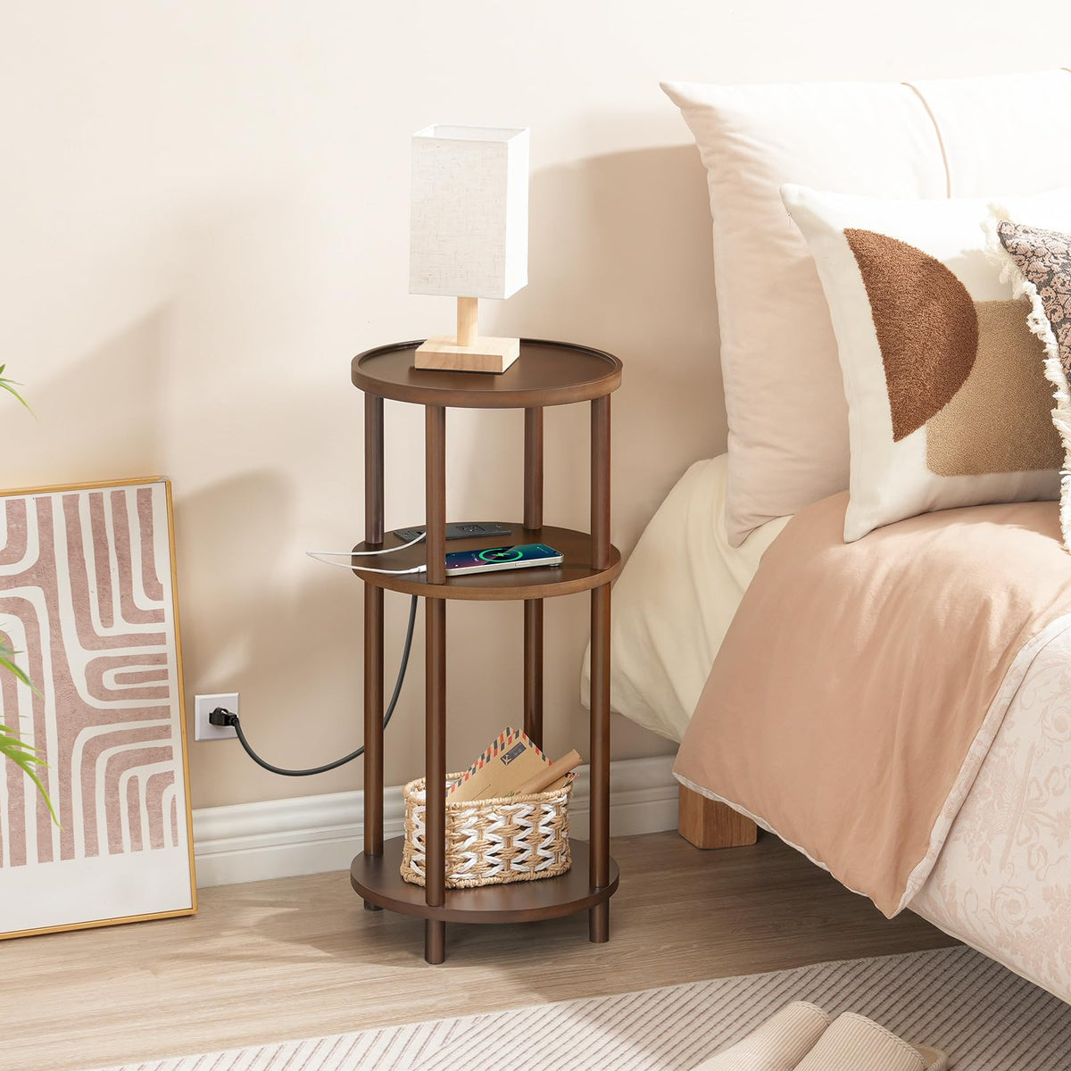 Set of 2 Round Bamboo Side Tables with Charging Station Y1523