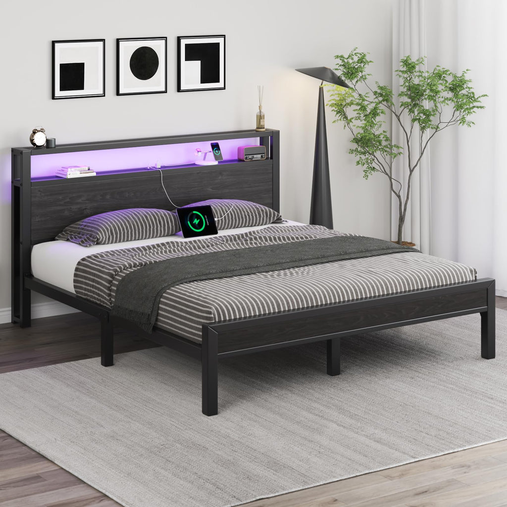 Full Size Bed Frame with Storage Headboard and LED Lights Y9142