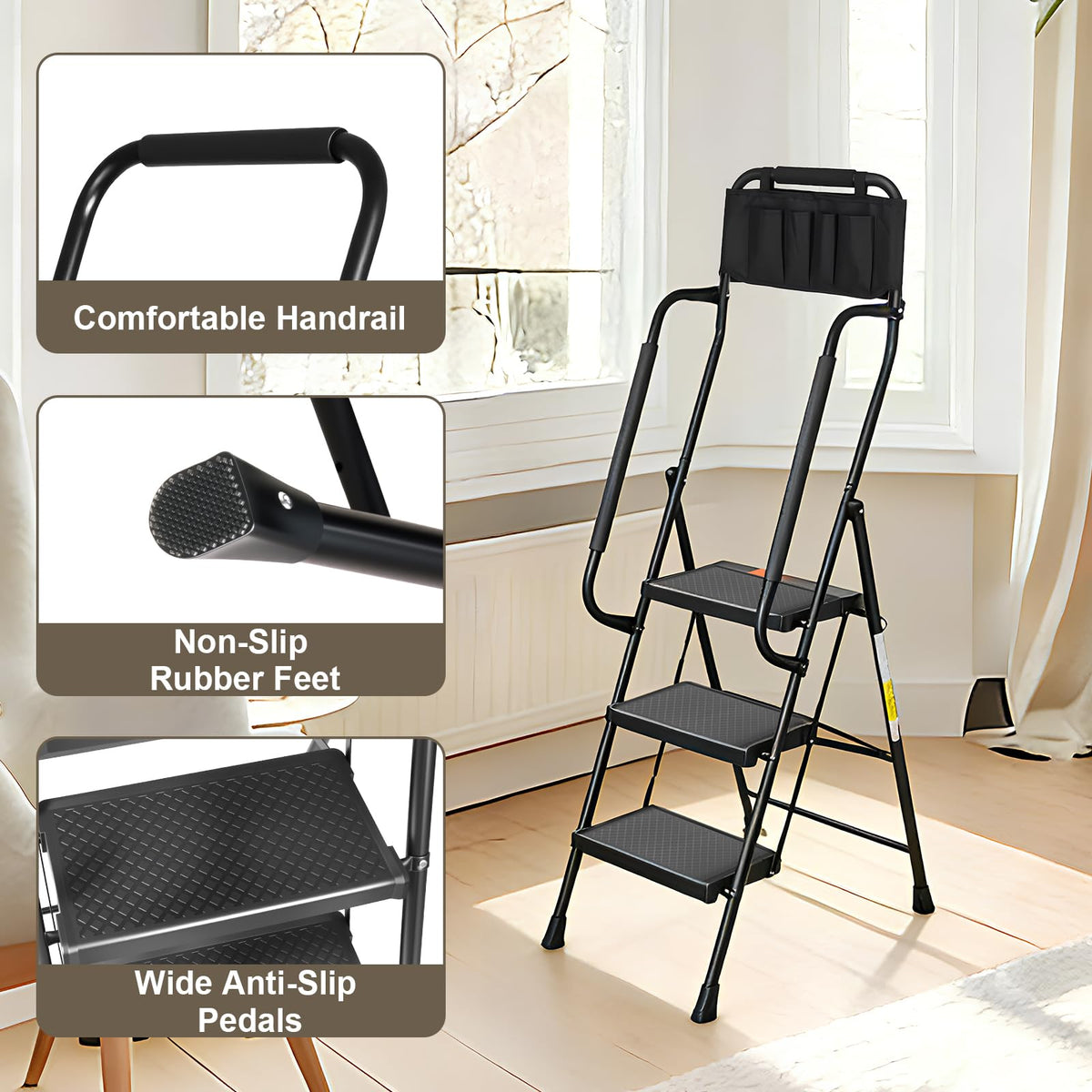 3 Step Folding Step Ladder with Handrails, 500 Lbs Capacity, Black Y41075
