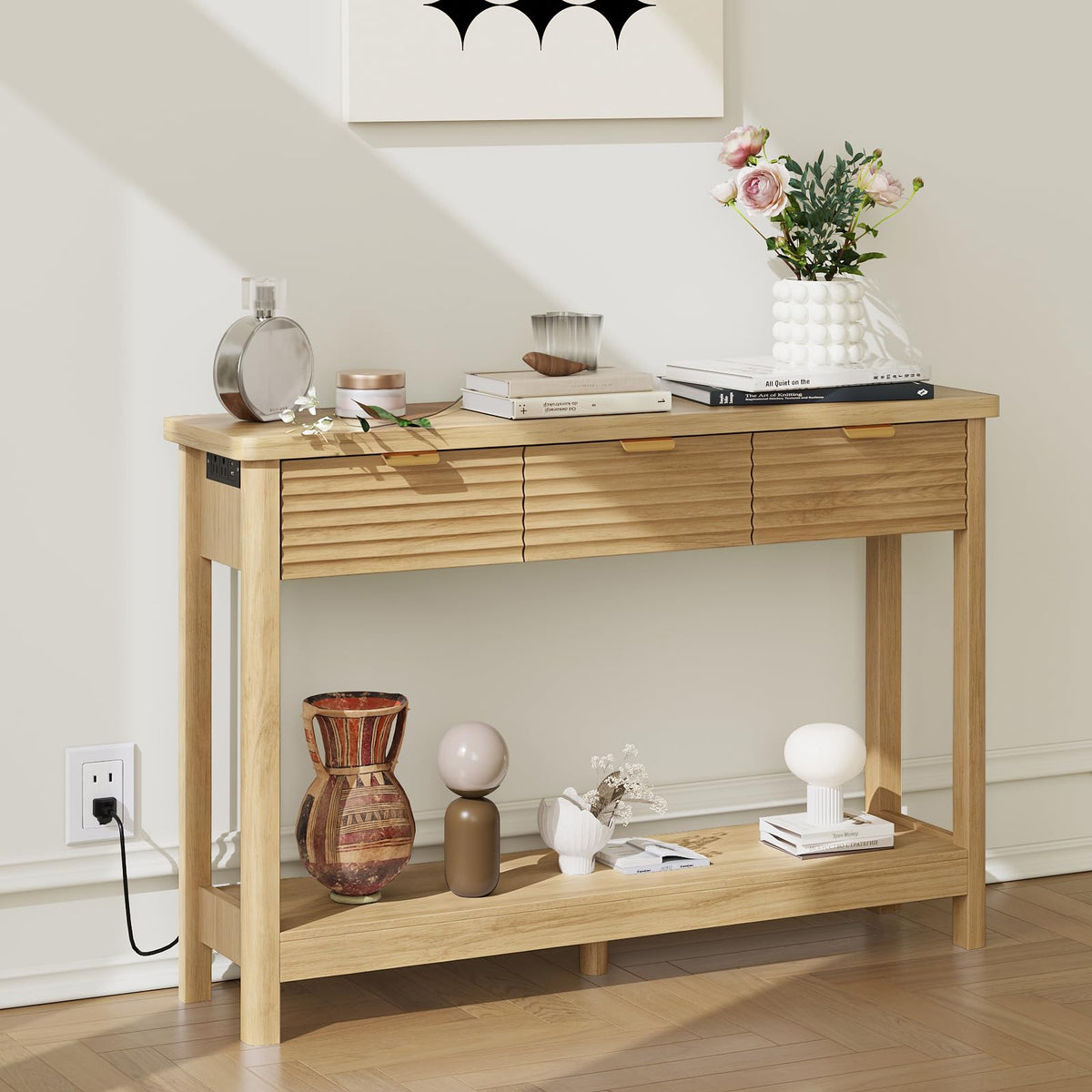 47.2" Narrow Console Table with 3 Drawers & Charging Station, Oak P87184