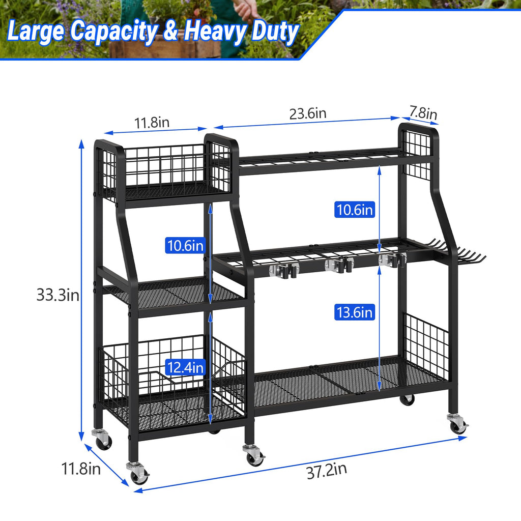 Heavy-Duty Garden Tool Organizer with 6 Wheels and 2 Baskets J8682