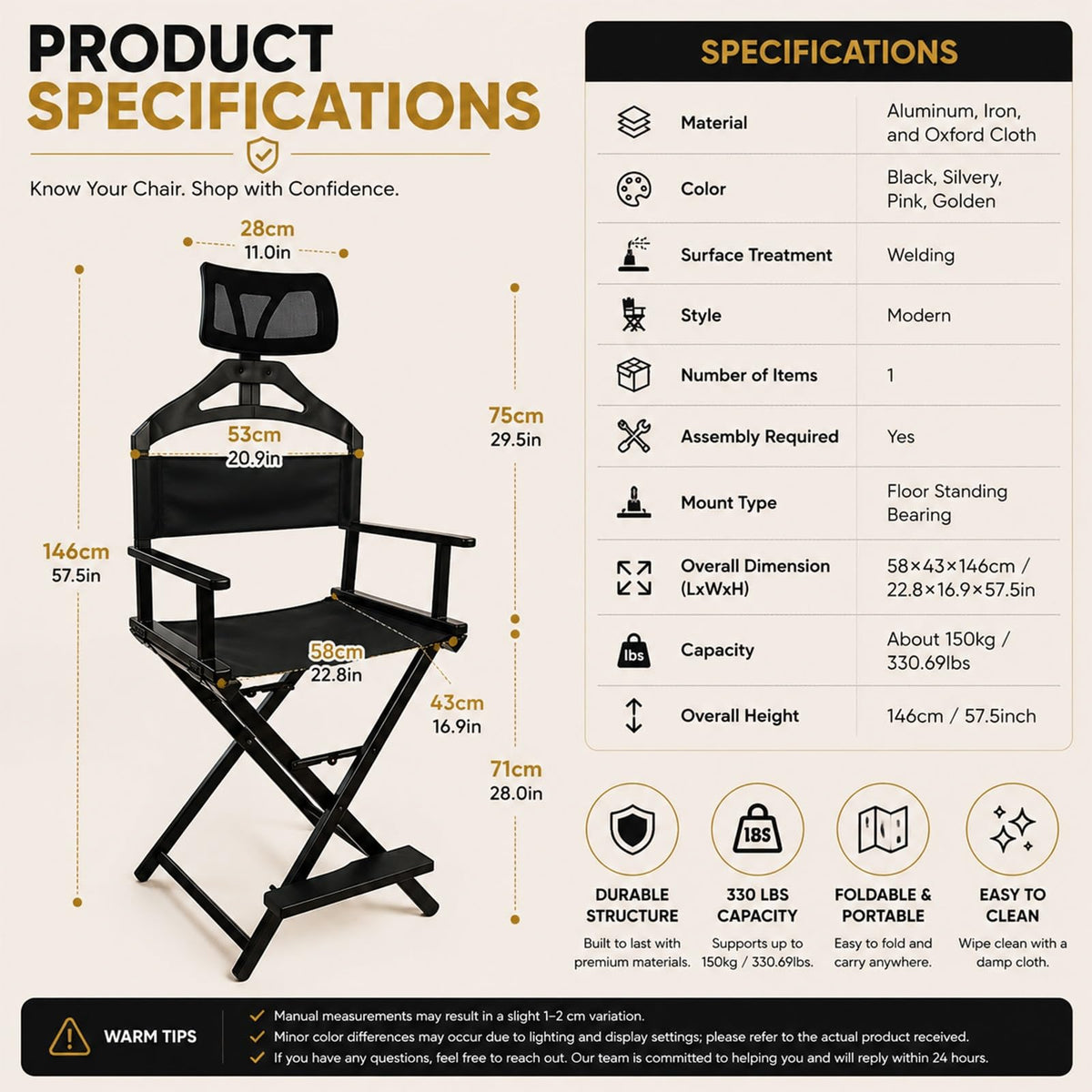 Gold Extra Tall Foldable Makeup Chair J496
