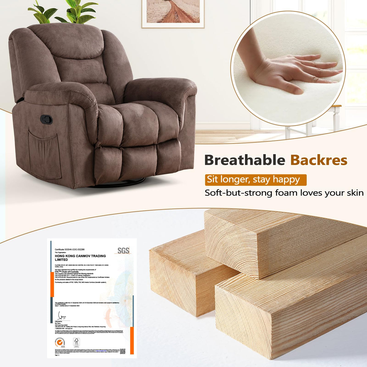 Oversized Manual Swivel Rocker Recliner Chair P4111