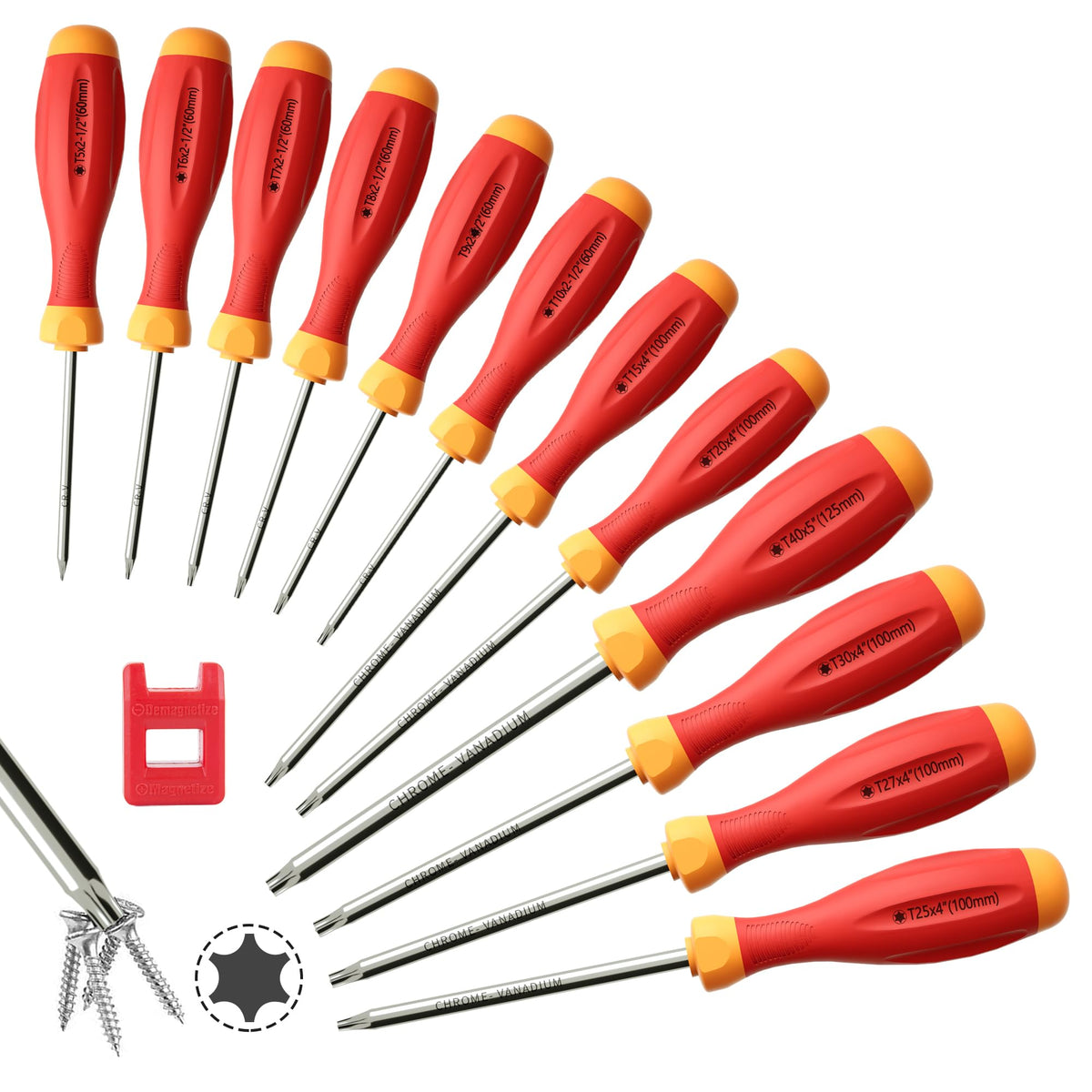 Magnetic Torx Screwdriver Set, 12-in-1 T5-T40 CRV Steel X14924