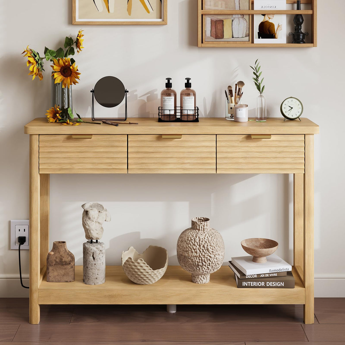 47.2" Narrow Console Table with 3 Drawers & Charging Station, Oak P87184