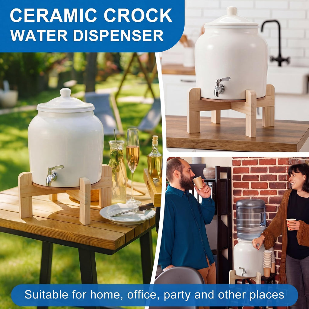 Ceramic Water Dispenser with Wood Stand and Stainless Steel Faucet A1943