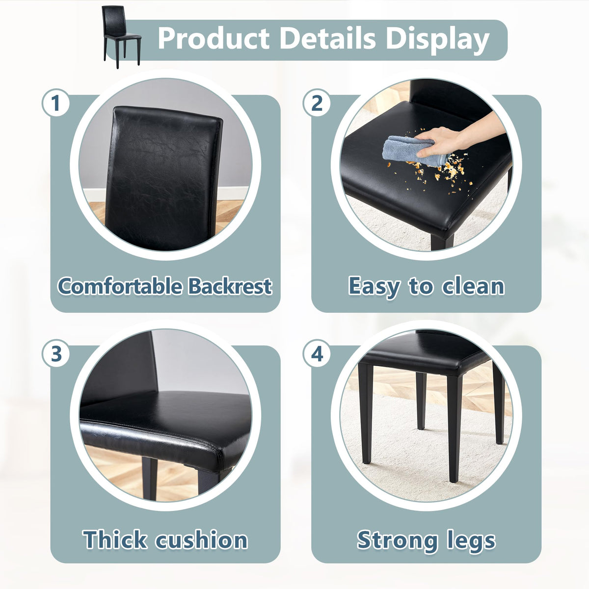 Black PU Leather Upholstered Dining Chairs Set of 2 with Metal Legs U227