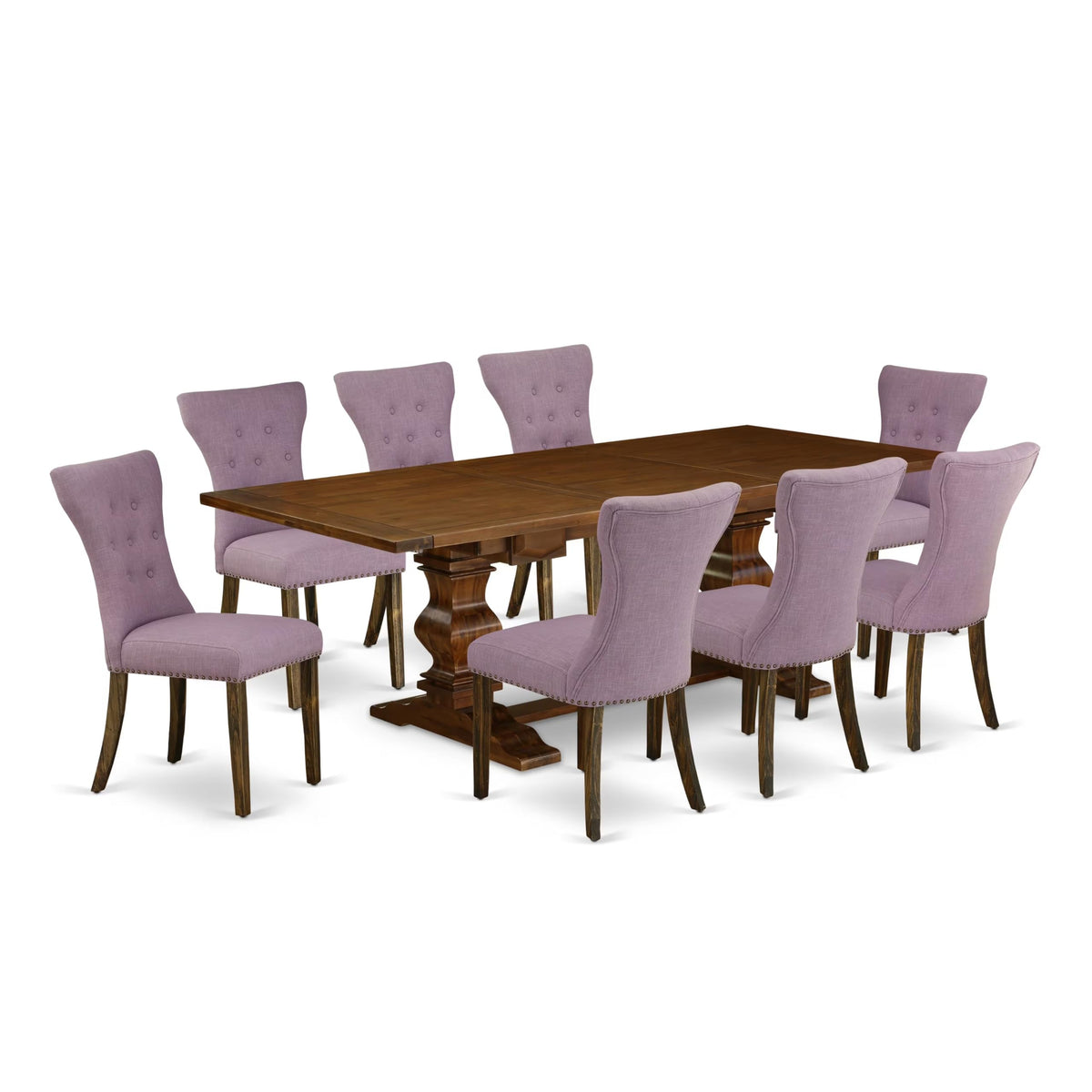9 Piece Walnut Dining Set with 8 Upholstered Chairs E3381