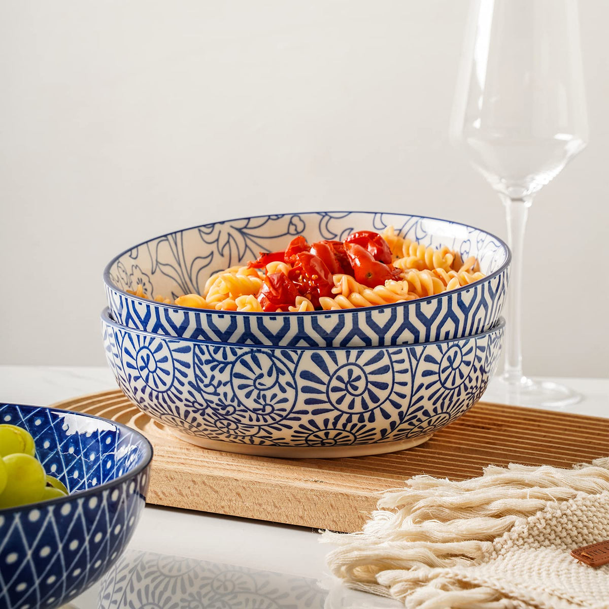 Ceramic Pasta Bowls Set of 4, 30 OZ Vintage Blue F77289