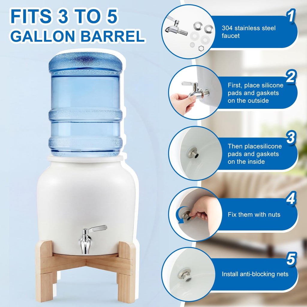 Ceramic Water Dispenser with Wood Stand and Stainless Steel Faucet A1943
