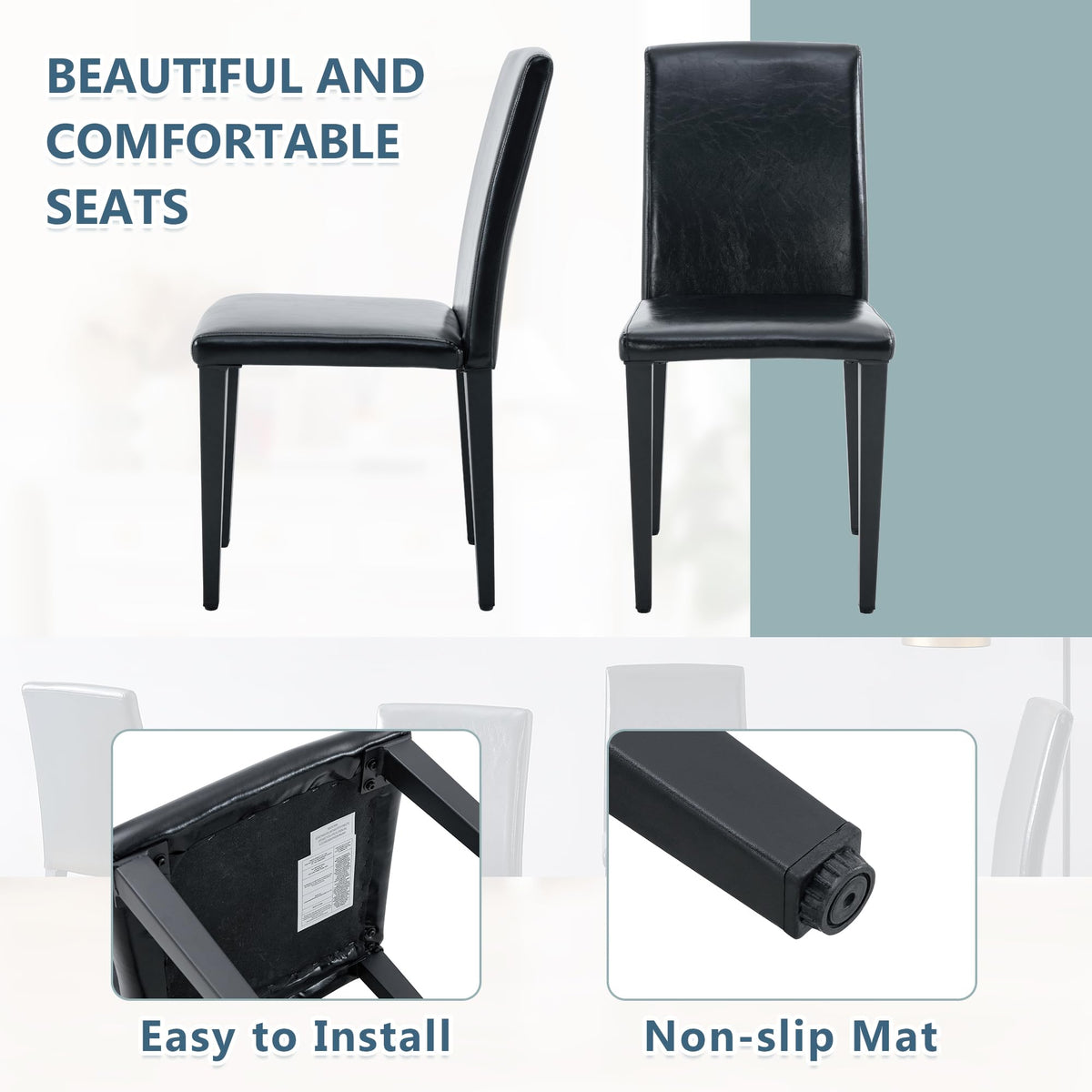Black PU Leather Upholstered Dining Chairs Set of 2 with Metal Legs U227