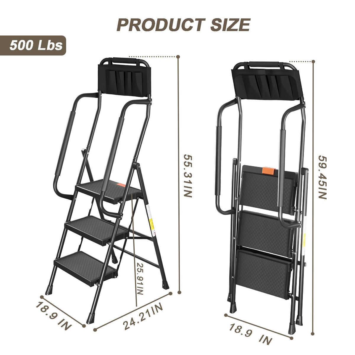 3 Step Folding Step Ladder with Handrails, 500 Lbs Capacity, Black Y41075