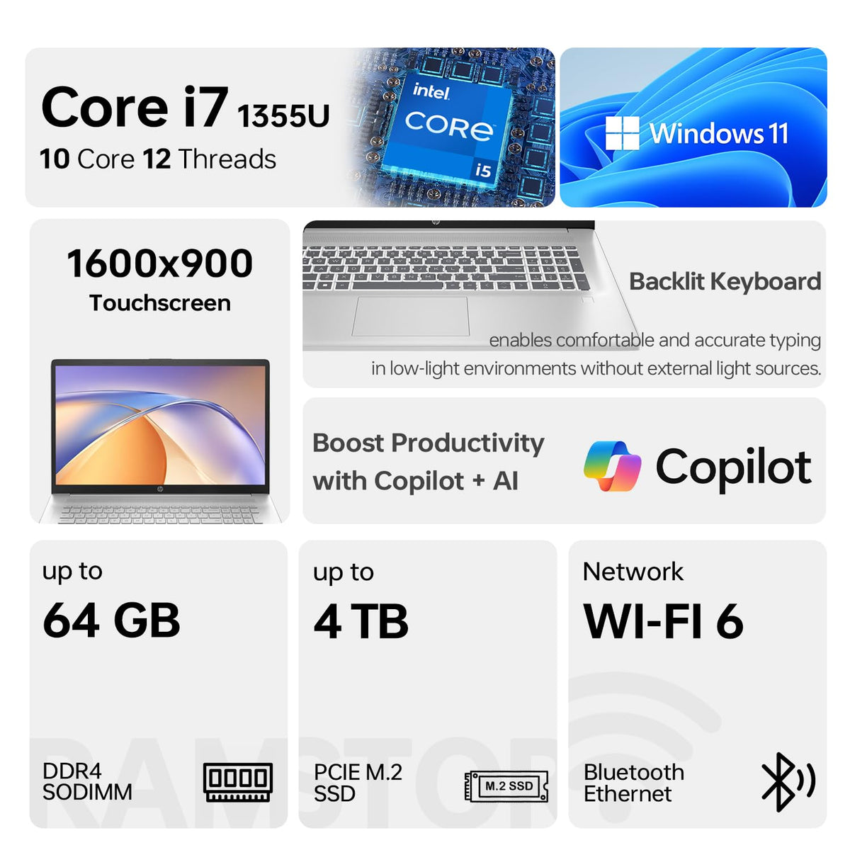 17.3" HD+ Touchscreen Laptop, Intel Core i7, 16GB RAM, 512GB SSD, Silver F87097