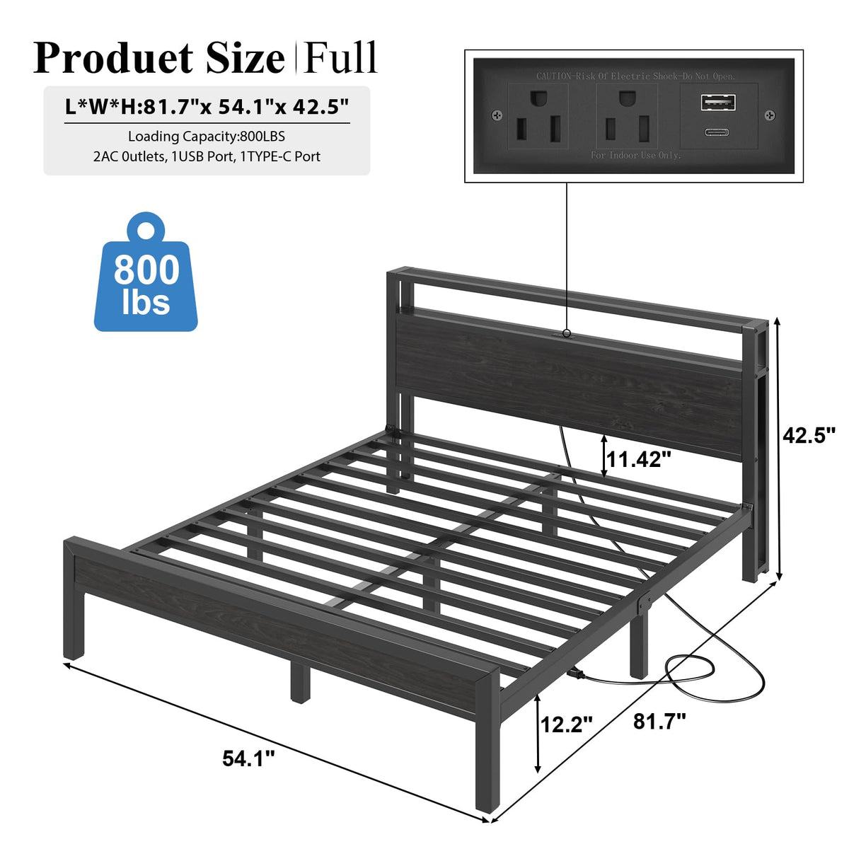 Full Size Bed Frame with Storage Headboard and LED Lights Y9142