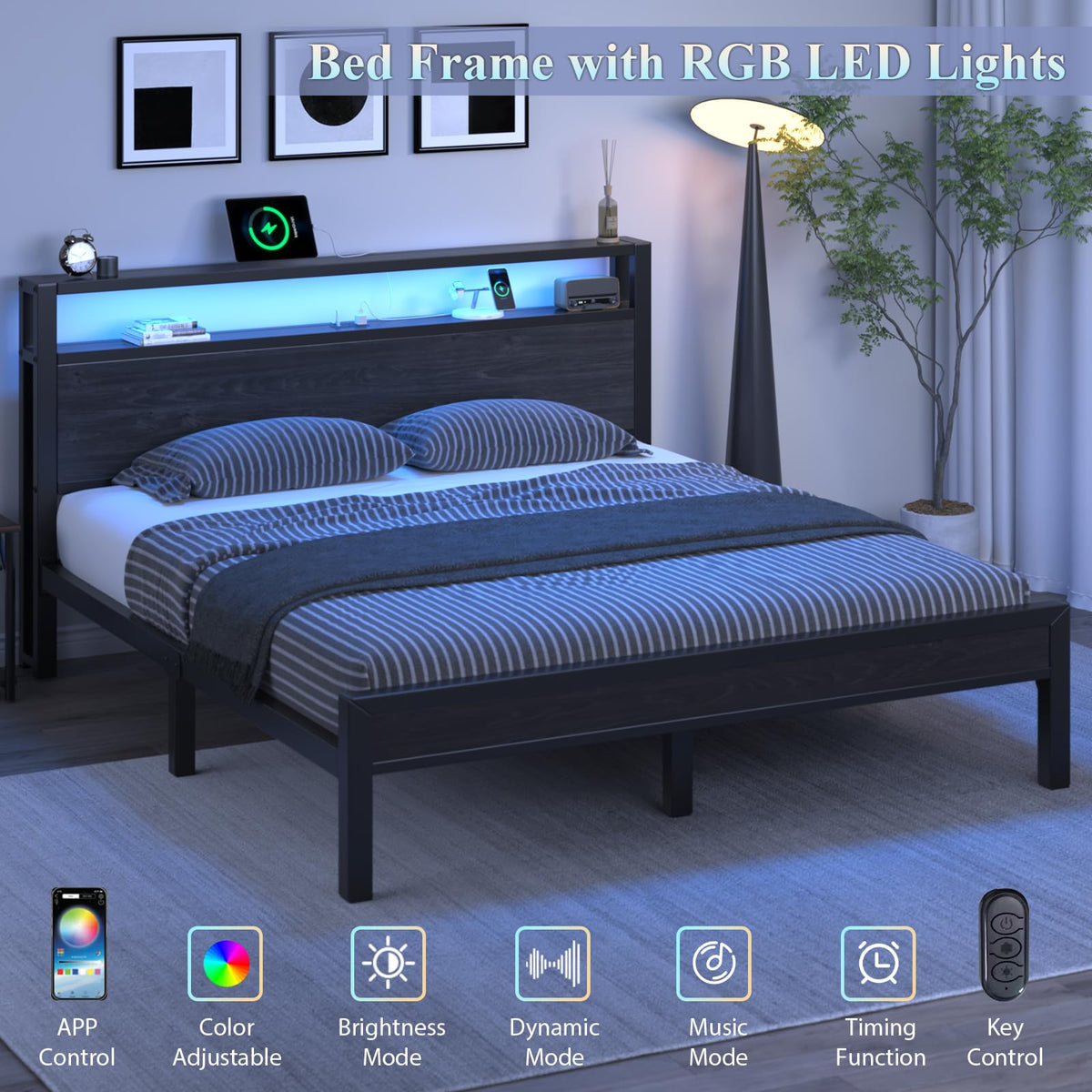 Full Size Bed Frame with Storage Headboard and LED Lights Y9142