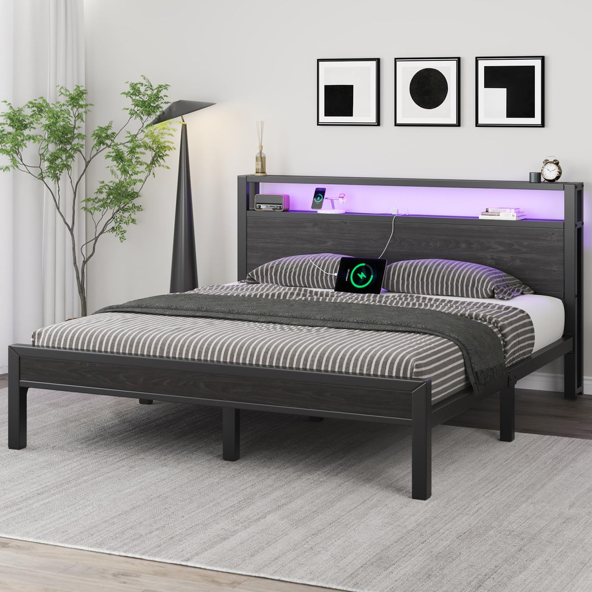 Full Size Bed Frame with Storage Headboard and LED Lights Y9142