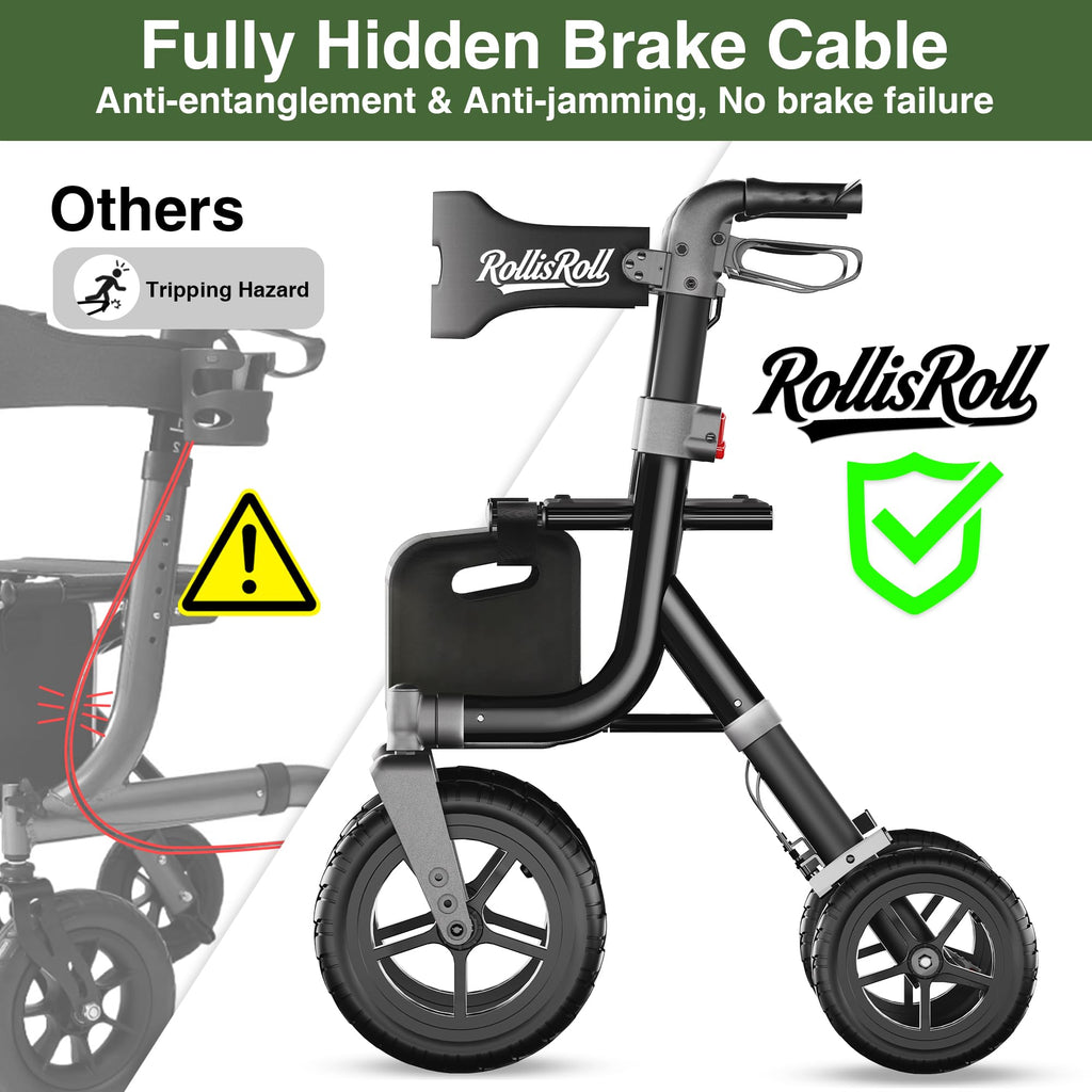 Black Foldable Rollator Walker with Seat, Backrest, 12" Rubber Wheels R25730