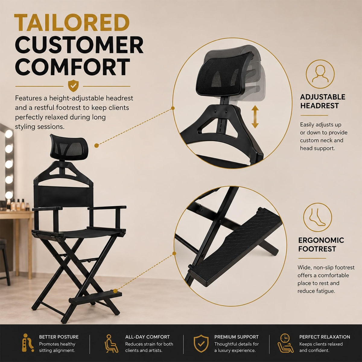 Gold Extra Tall Foldable Makeup Chair J496