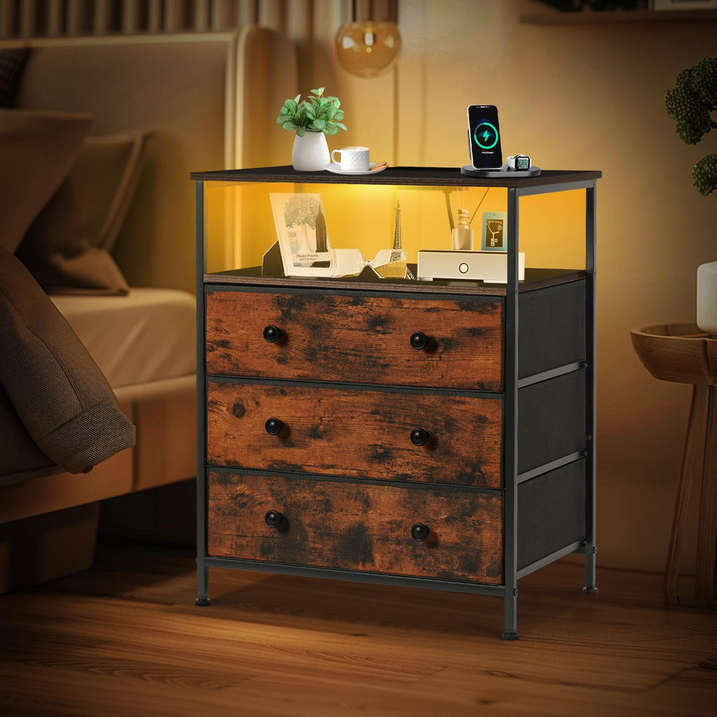3-Drawer LED Nightstand with Charging Station L6616