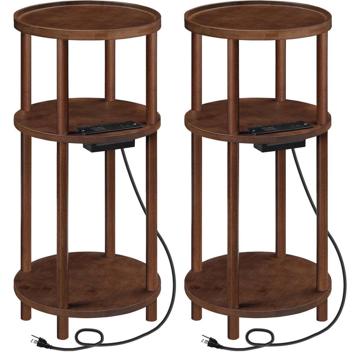 Set of 2 Round Bamboo Side Tables with Charging Station Y1523