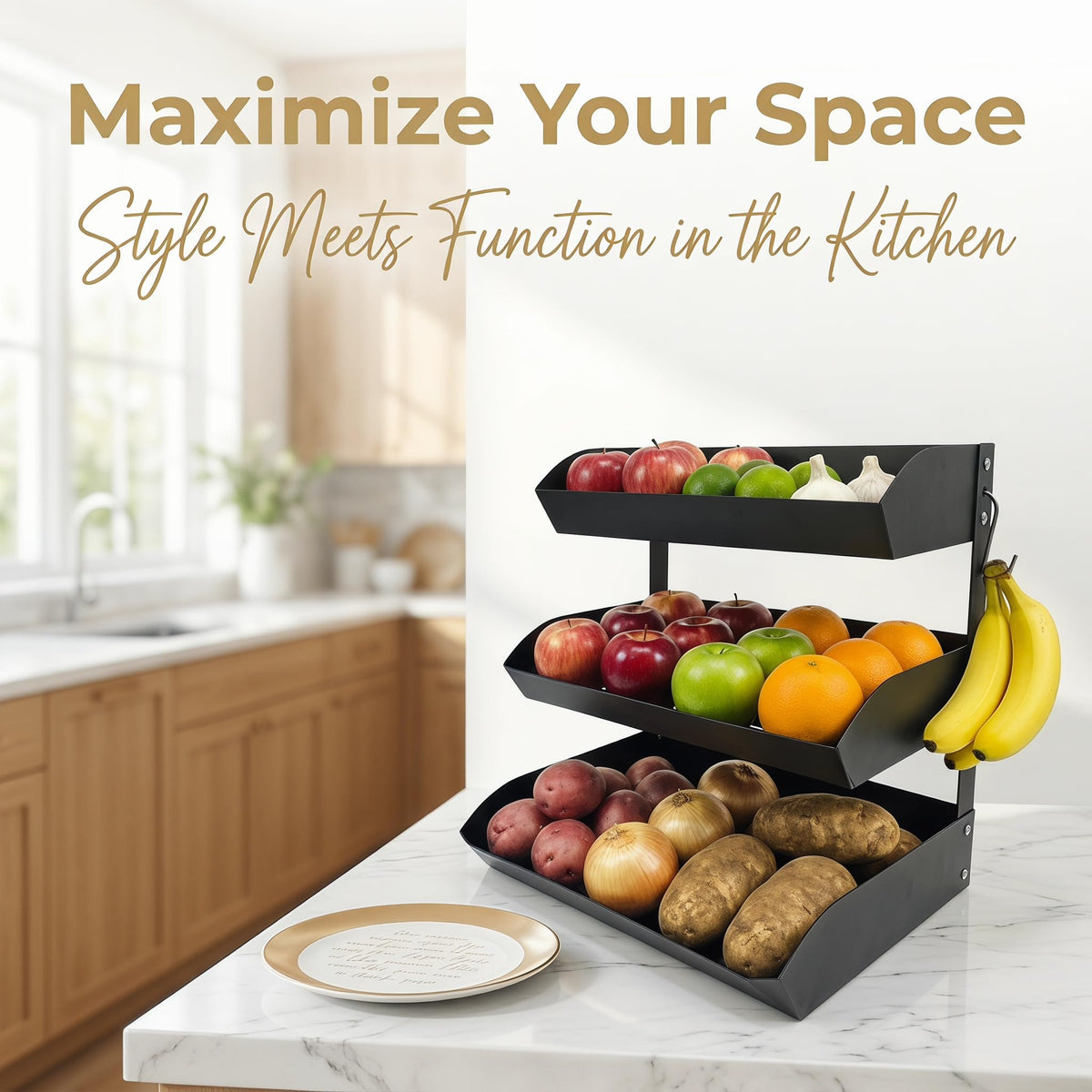 3-Tier Metal Fruit Basket with Banana Holder M106307