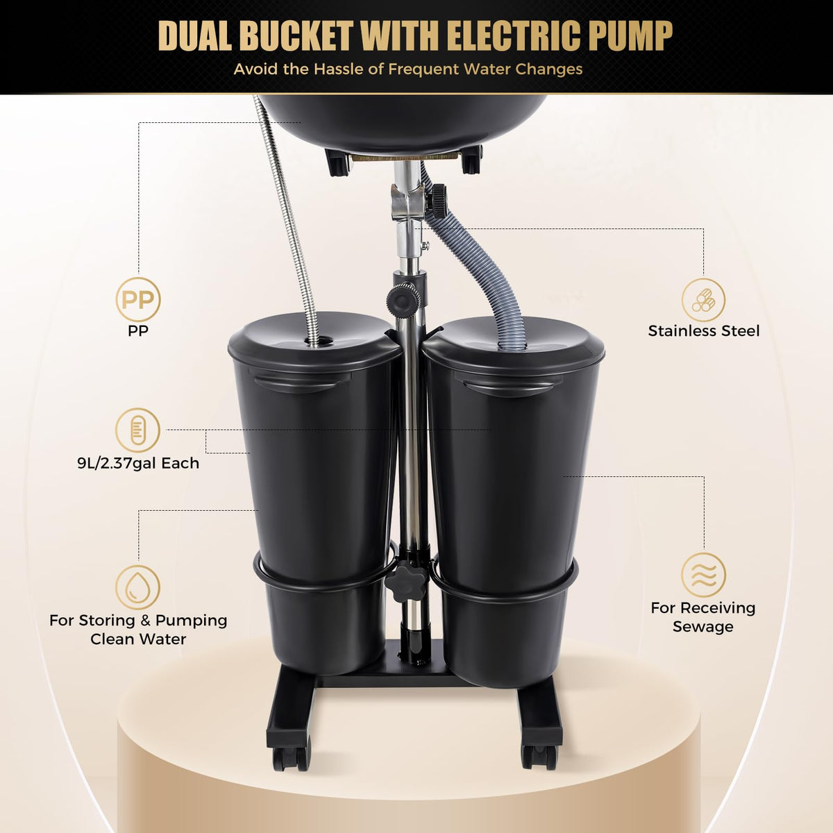 Portable Shampoo Bowl with Electric Pump, 2 Bucket Height Adjustable E2076