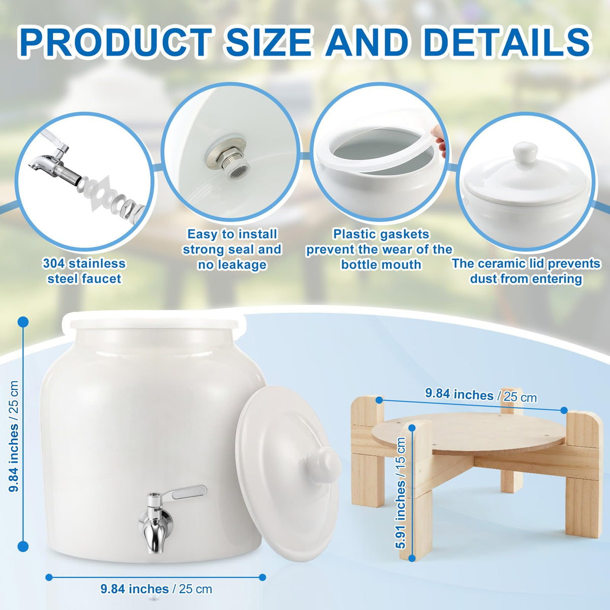 Ceramic Water Dispenser with Wood Stand and Stainless Steel Faucet A1943