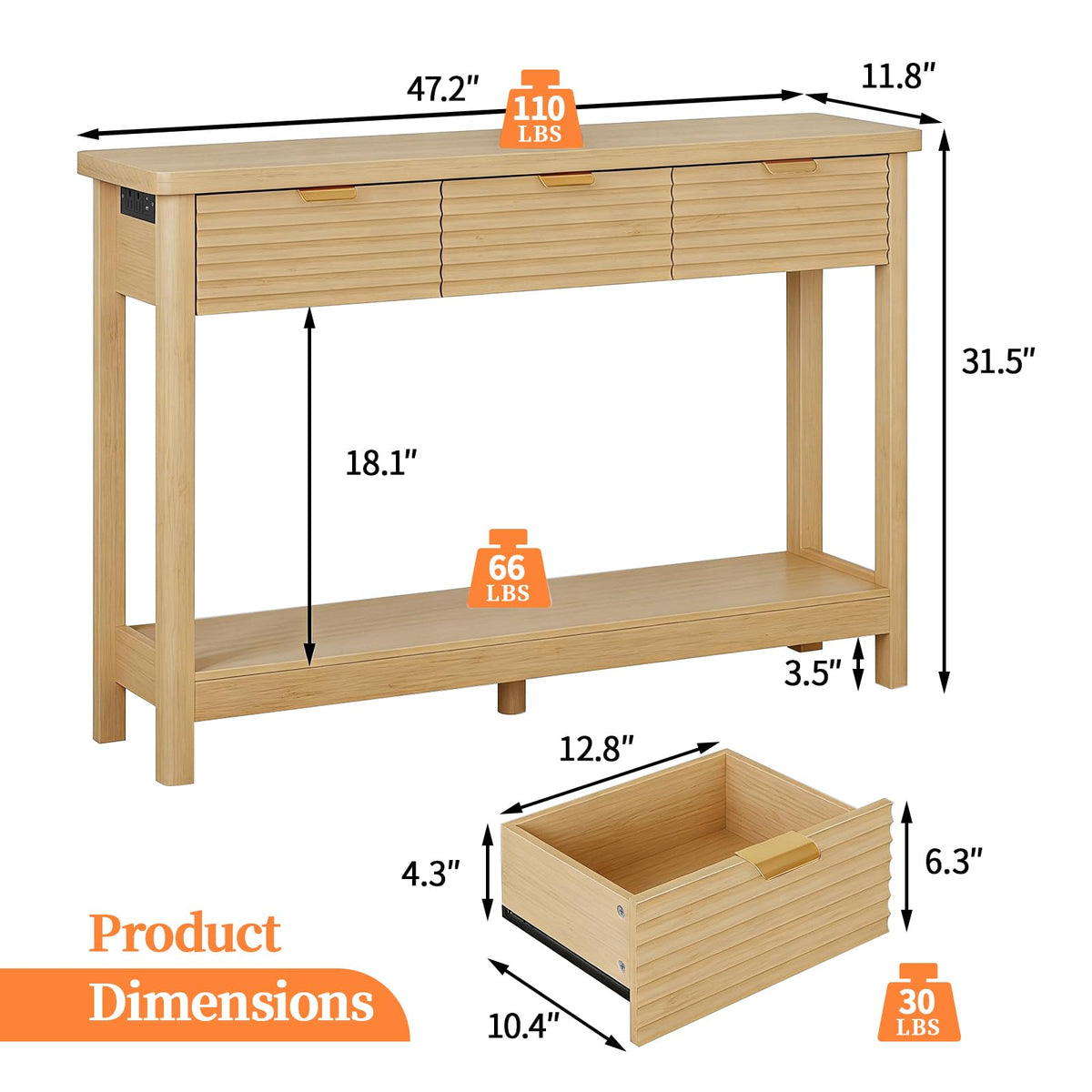 47.2" Narrow Console Table with 3 Drawers & Charging Station, Oak P87184