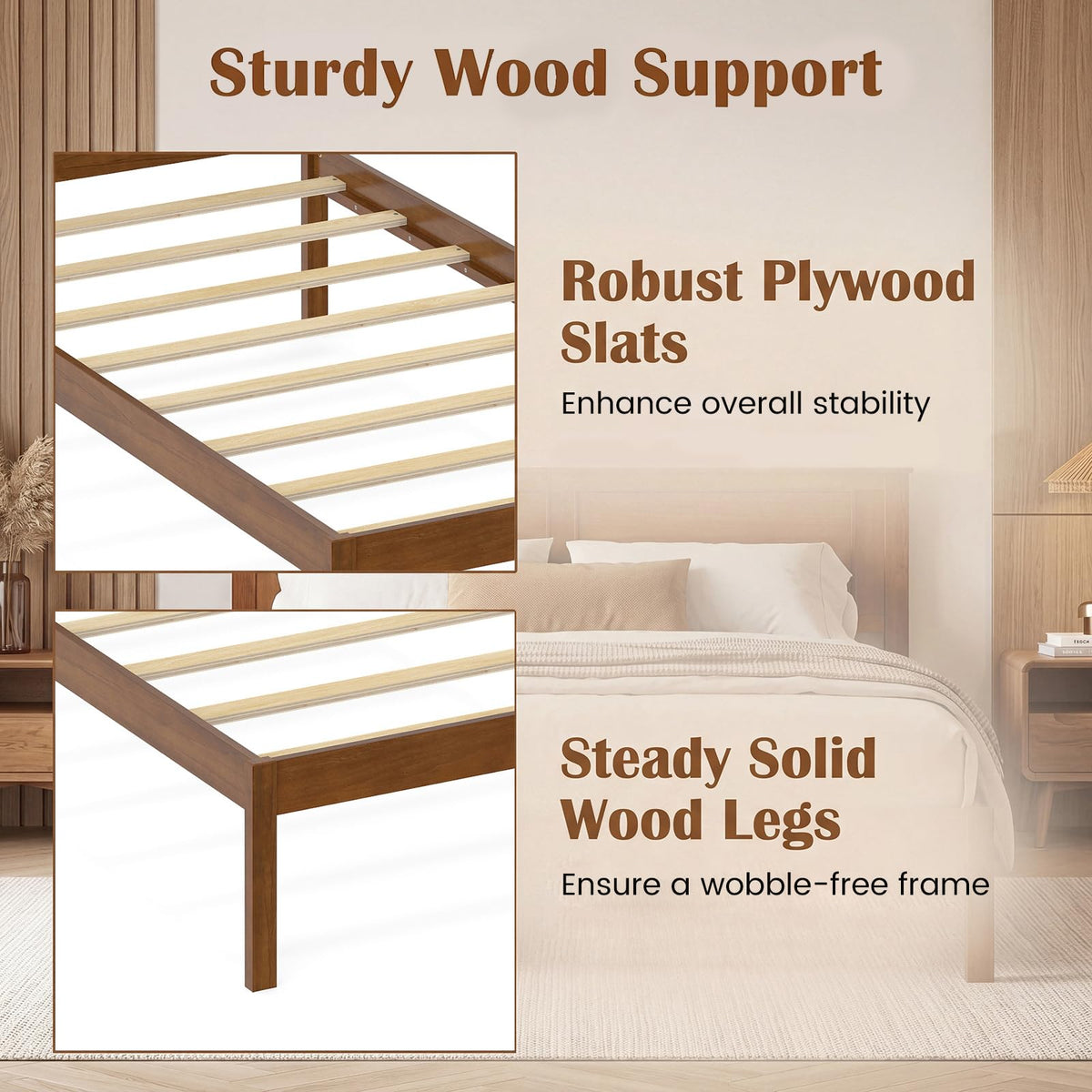 Twin Size Wooden Platform Bed with Headboard C308882