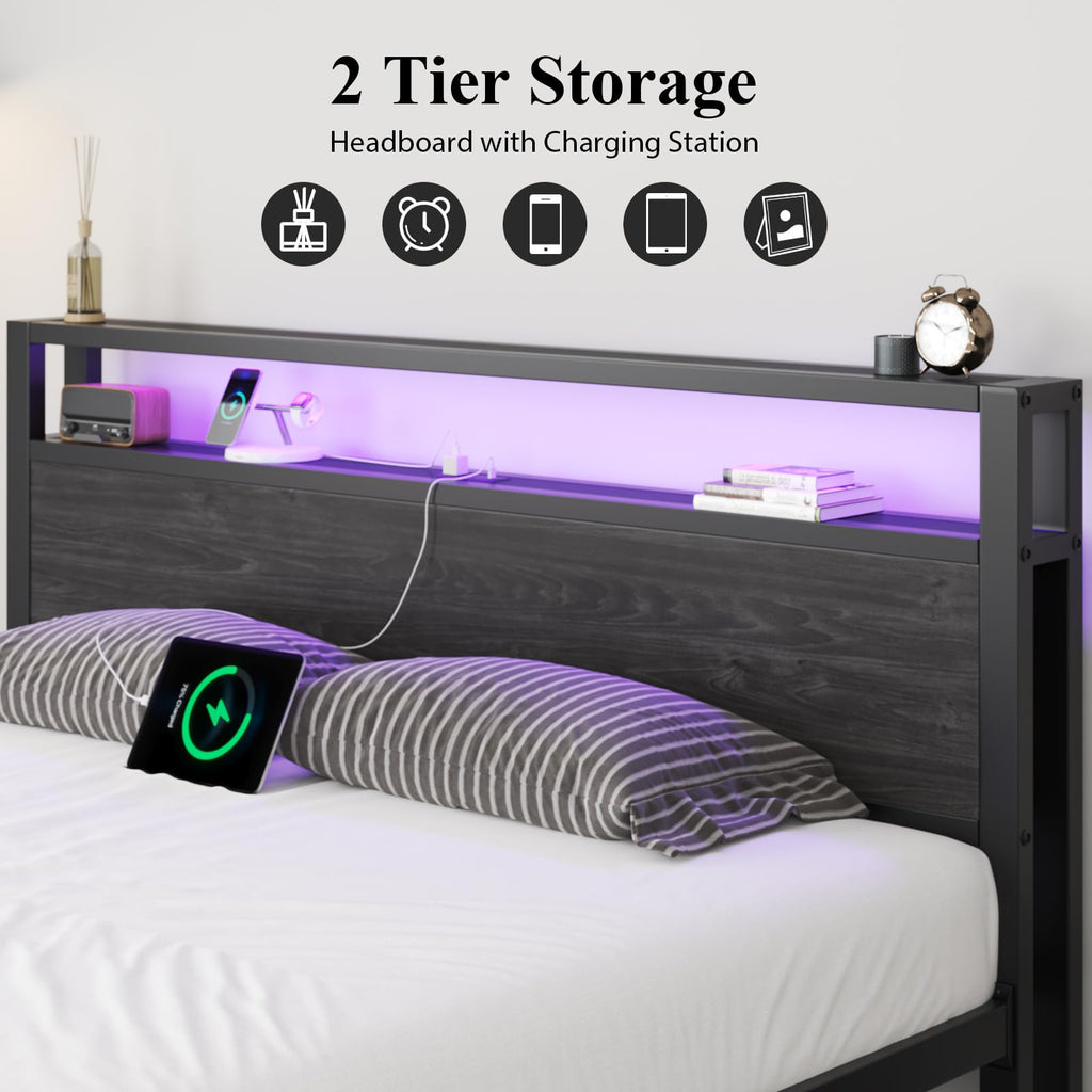 Full Size Bed Frame with Storage Headboard and LED Lights Y9142