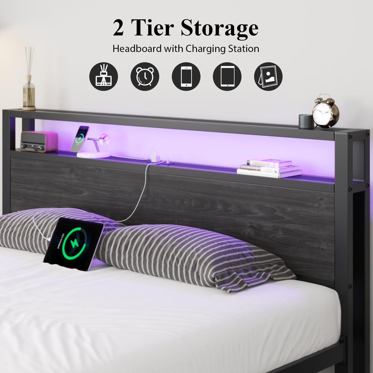 Full Size Bed Frame with Storage Headboard and LED Lights Y9142