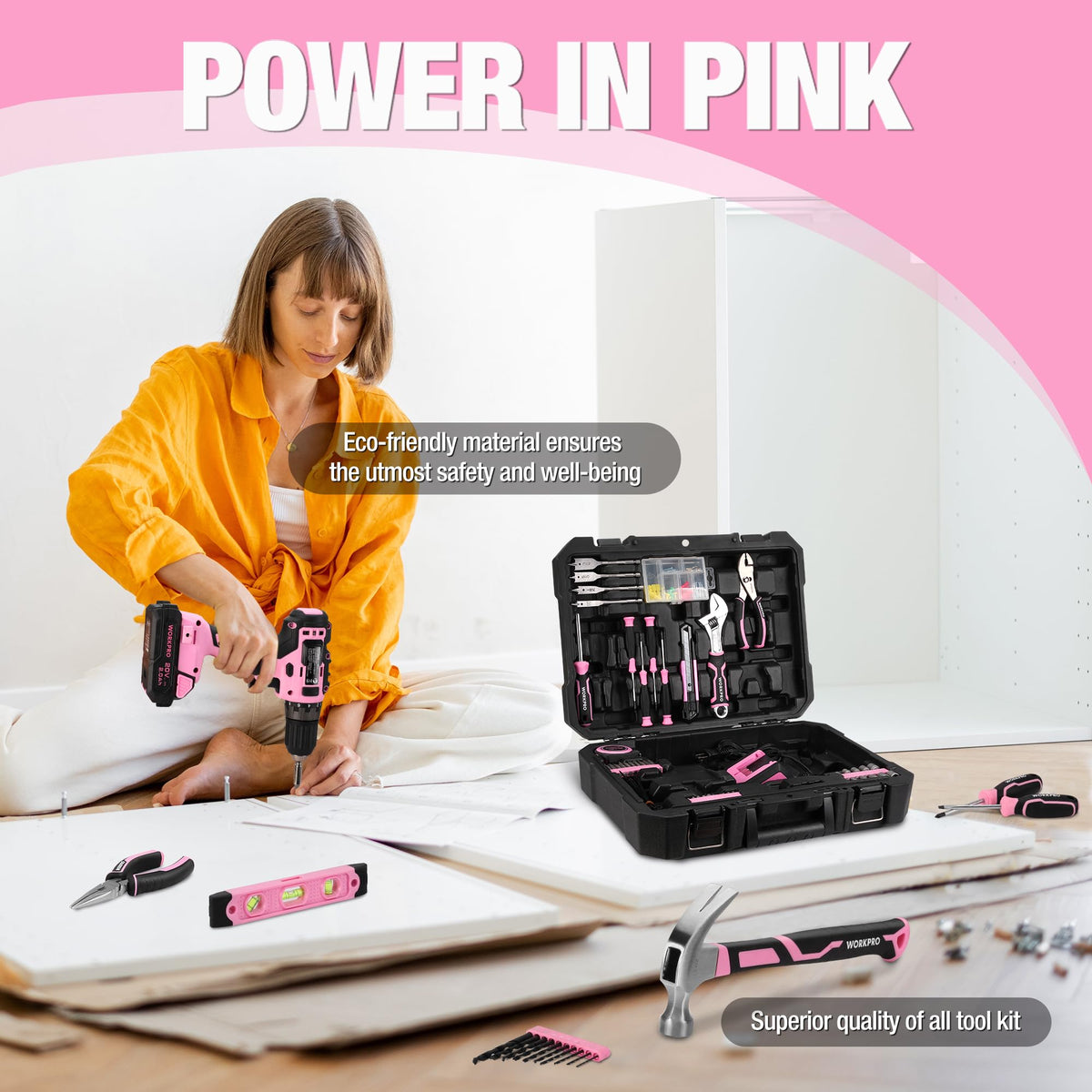 Pink Cordless Drill and 141-Piece Home Tool Kit S6907