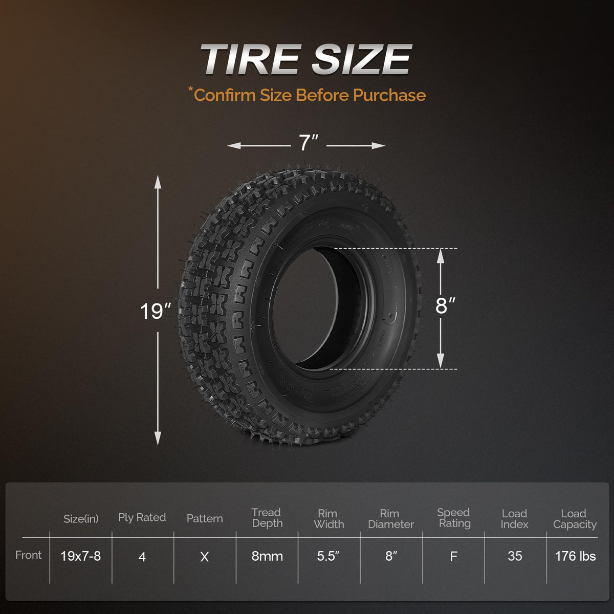 Set of 2 19x7.00-8 4 Ply Off-Road Tubeless ATV Tires Z534