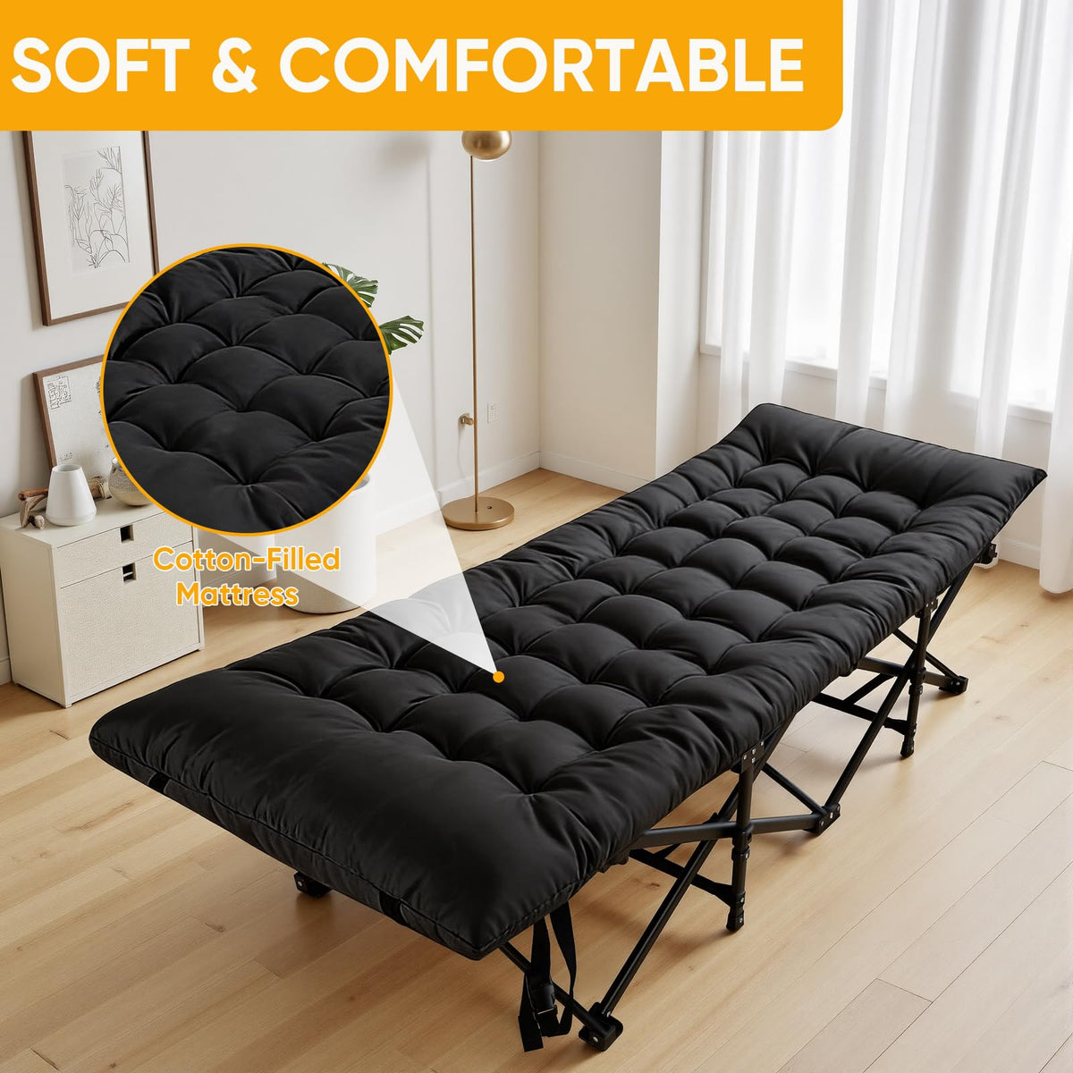 Camping Cot with Thick Mattress and Side Pocket, Black O111757