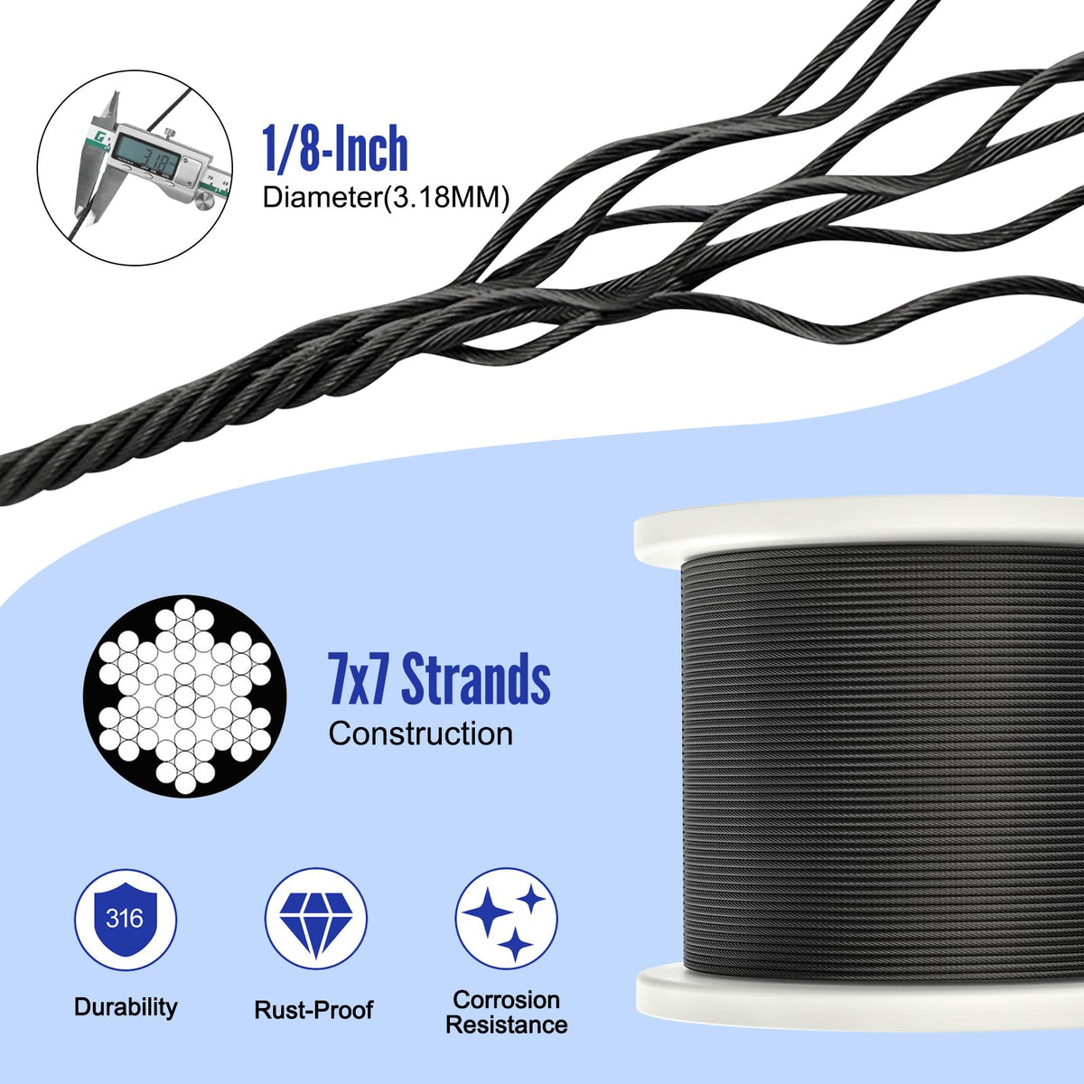 1000FT 1/8" Black Stainless Steel Cable H517